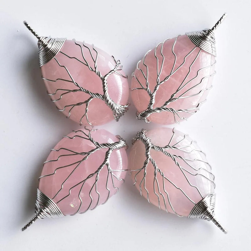 4pcs Wire Wrap Tree of Life Pink Quartz Stone Pendants