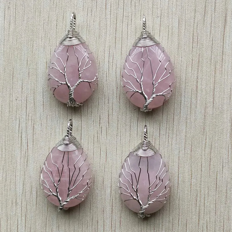 4pcs Wire Wrap Tree of Life Pink Quartz Stone Pendants