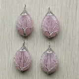 4pcs Wire Wrap Tree of Life Pink Quartz Stone Pendants