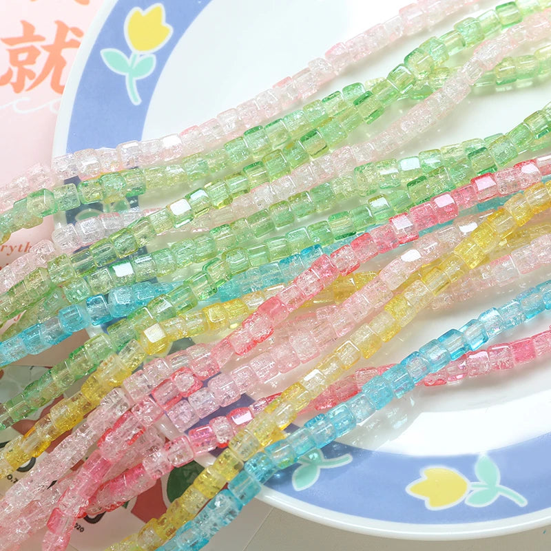 500pcs Crackle Clear Colorful Glass Beads Square Cube Bracelet DIY