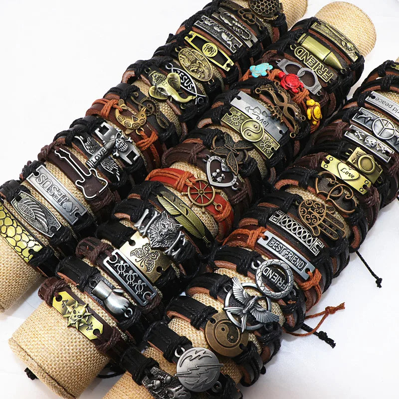 50pcs Leather Metal Charm Bracelets Vintage Wrist Cuffs for Men and Women