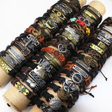 50pcs Leather Metal Charm Bracelets Vintage Wrist Cuffs for Men and Women