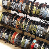 50pcs Leather Metal Charm Bracelets Vintage Wrist Cuffs for Men and Women