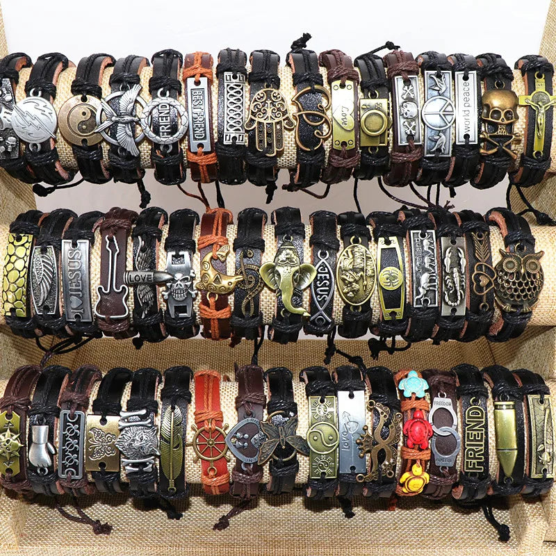 50pcs Leather Metal Charm Bracelets Vintage Wrist Cuffs for Men and Women