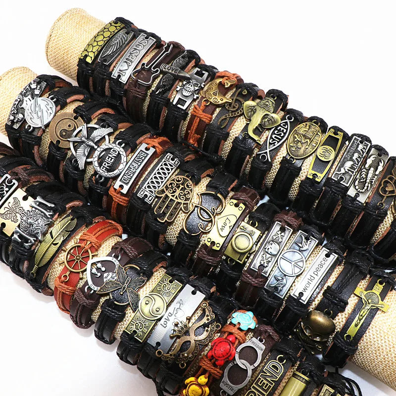 50pcs Leather Metal Charm Bracelets Vintage Wrist Cuffs for Men and Women