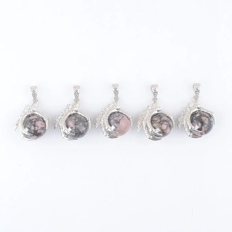 5Pcs Rhodochrosite Round Ball Pendants Dragon Claw Crystal Reiki Chakra