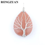 5Pcs Water Drop Tree of Life Pendants Silver Wire Wrap Weave Natural Stone Beads
