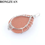 5Pcs Water Drop Tree of Life Pendants Silver Wire Wrap Weave Natural Stone Beads