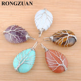 5Pcs Water Drop Tree of Life Pendants Silver Wire Wrap Weave Natural Stone Beads
