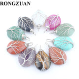 5Pcs Water Drop Tree of Life Pendants Silver Wire Wrap Weave Natural Stone Beads