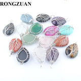 5Pcs Water Drop Tree of Life Pendants Silver Wire Wrap Weave Natural Stone Beads