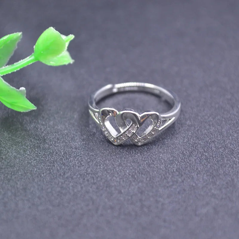 High Rose Silver Plated Double Heart Wedding Band Rings