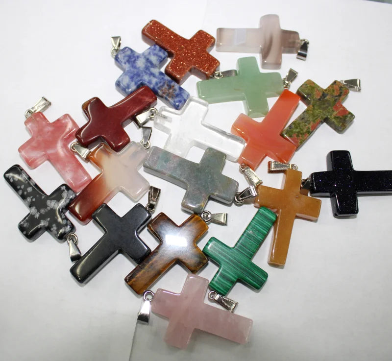 5pcs Cross Pendant Green Aventurine Crystal for DIY Necklace Jewelry 28x40mm