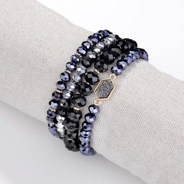 Layered Stretch Beaded Hexagon Druzy Stone Bracelets Set
