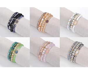 Layered Stretch Beaded Hexagon Druzy Stone Bracelets Set