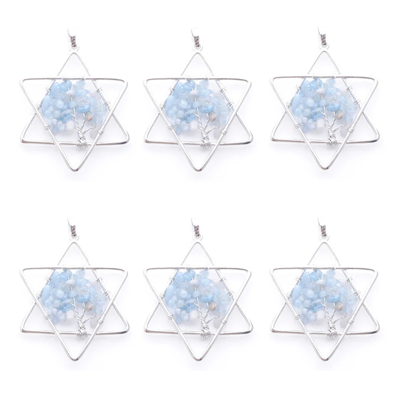 6Pcs Aquamarine Tree Of Life Star Pendants Wire Wrapped for Jewelry Making