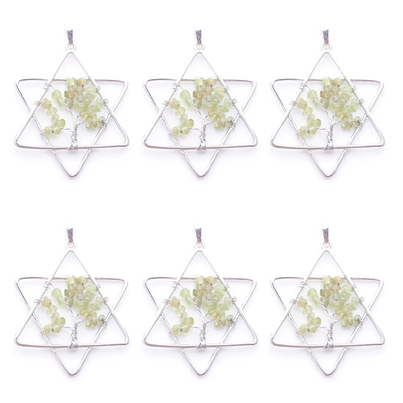 6Pcs Tree of Life Pendants Natural Gem Chips Olivine Chakra Reiki Star Merkaba