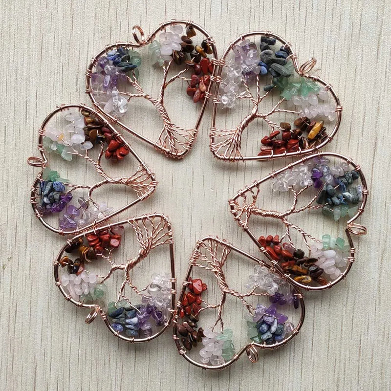 7 Chakras Stone Tree of Life Heart Pendants - 6pcs/lot