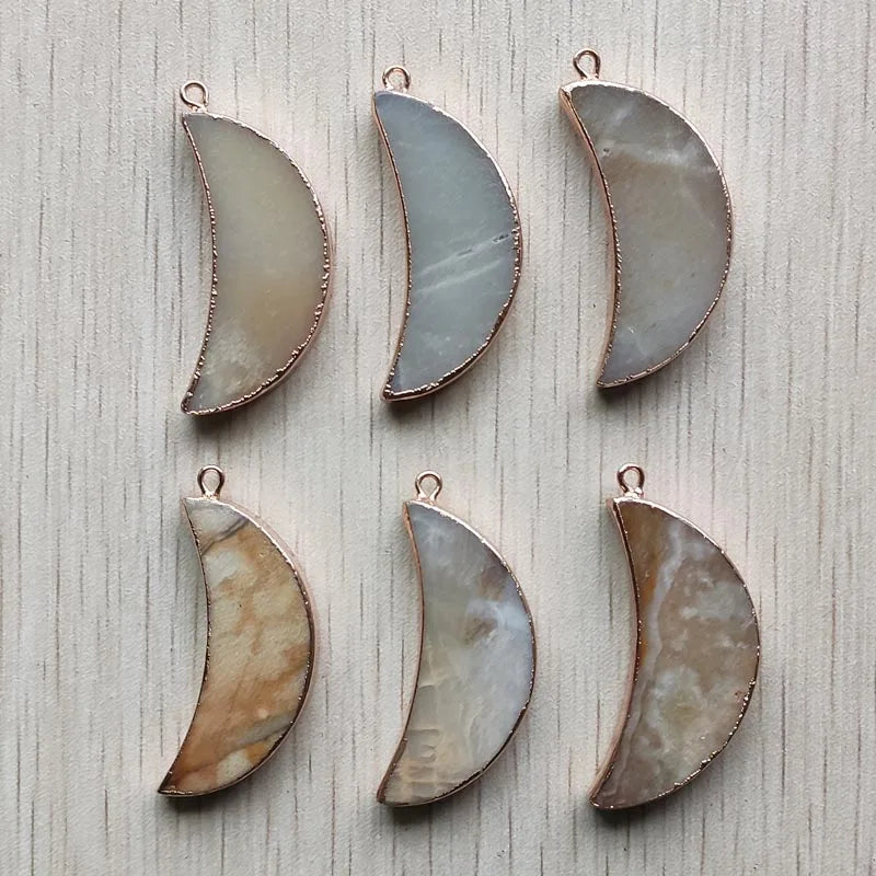 6pcs Natural Amazonite Stone Moon Pendants Gold-Plated for Jewelry Making