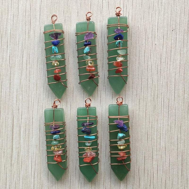 6pcs Natural Green Aventurine Arrow 7 Chakras Pendant for Necklace