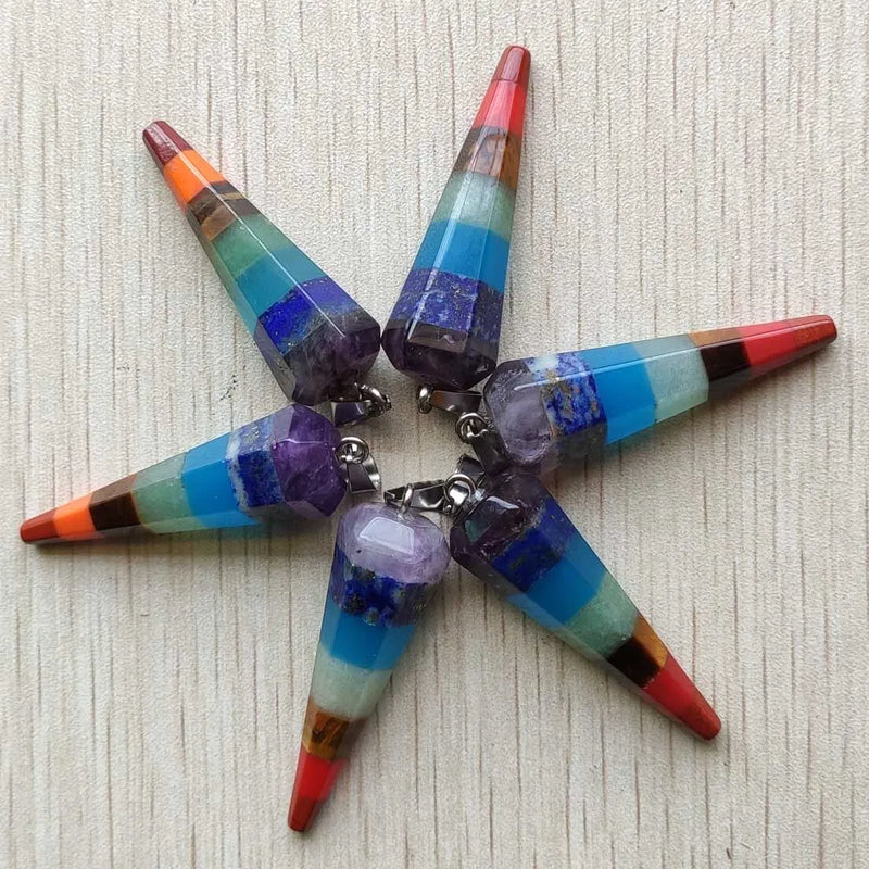 6pcs Natural Stone Rainbow Pyramid Shape Charm Pendants for Jewelry Making