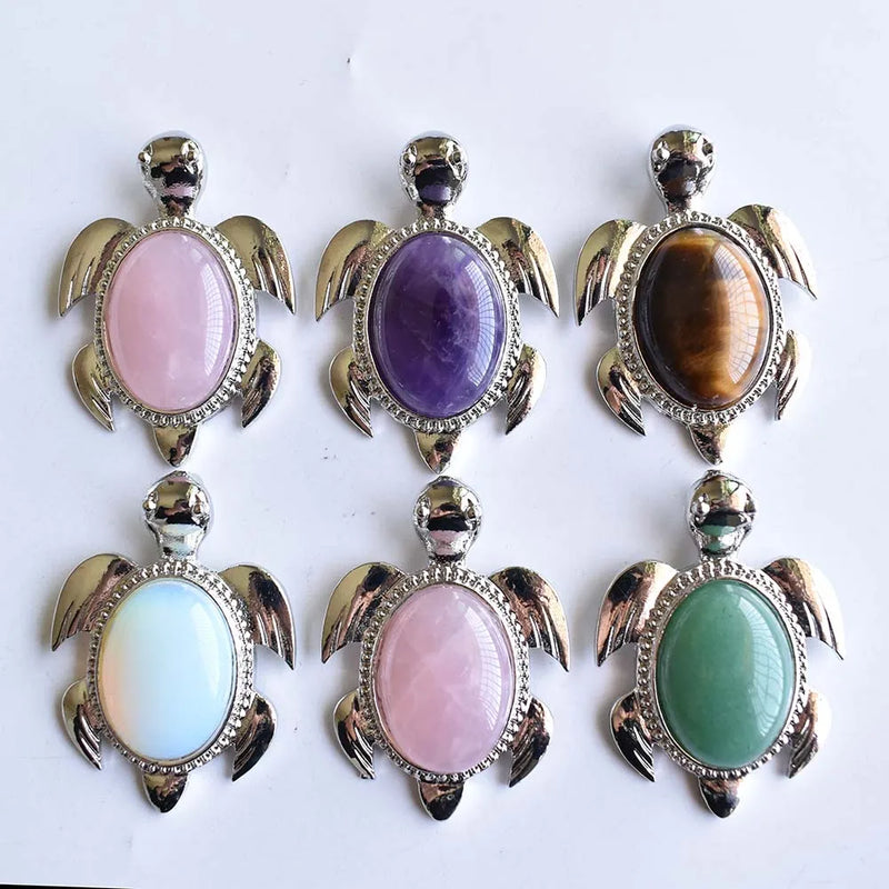 6pcs Amethyst Tiger Eye Stone Turtle Pendants for Necklace Making