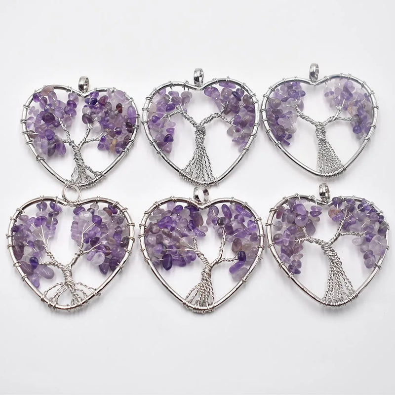6pcs Amethyst Heart-Shaped Tree Pendant 50mm