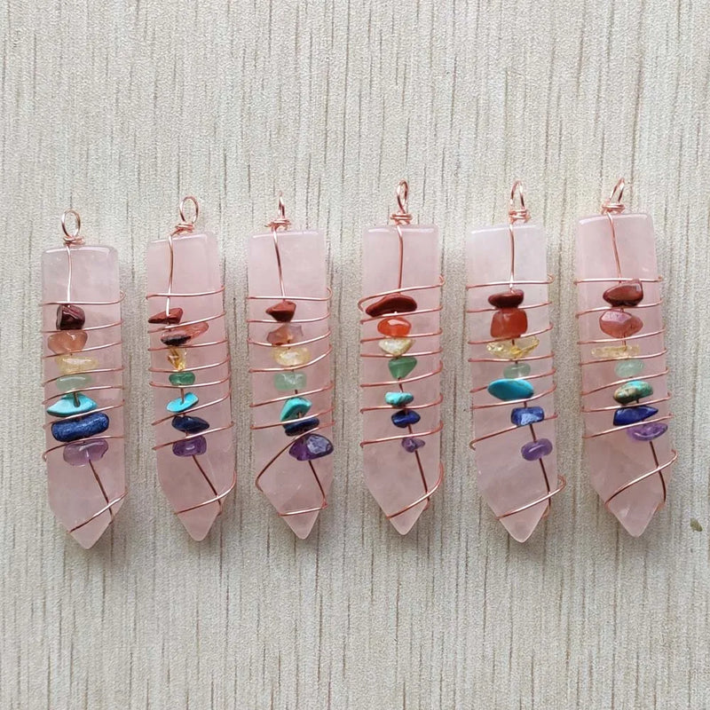6pcs Natural Quartz Stone Pink Arrow 7 Chakras Pendants
