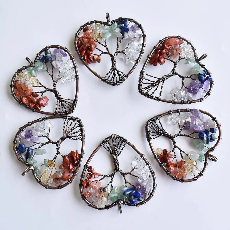 Mixed Natural Stone Heart-shaped Life Tree Pendant 50mm for Jewelry Making