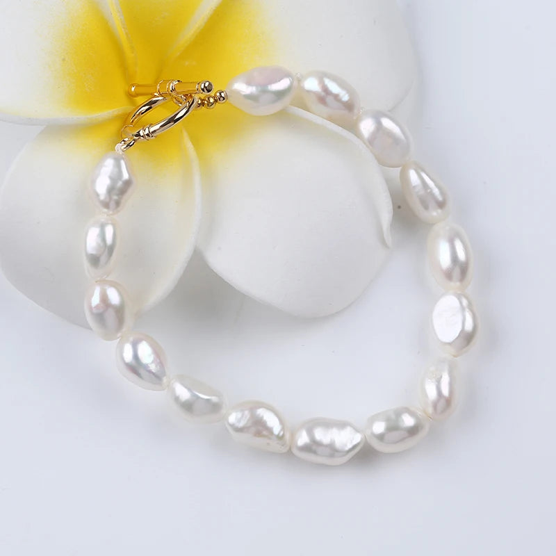 Baroque Pearl Bracelet 8-9mm White Cordc; 1mm Cut Crystals and Hook