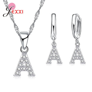925 Silver CZ Paved 26 Letter Earrings Necklace Set