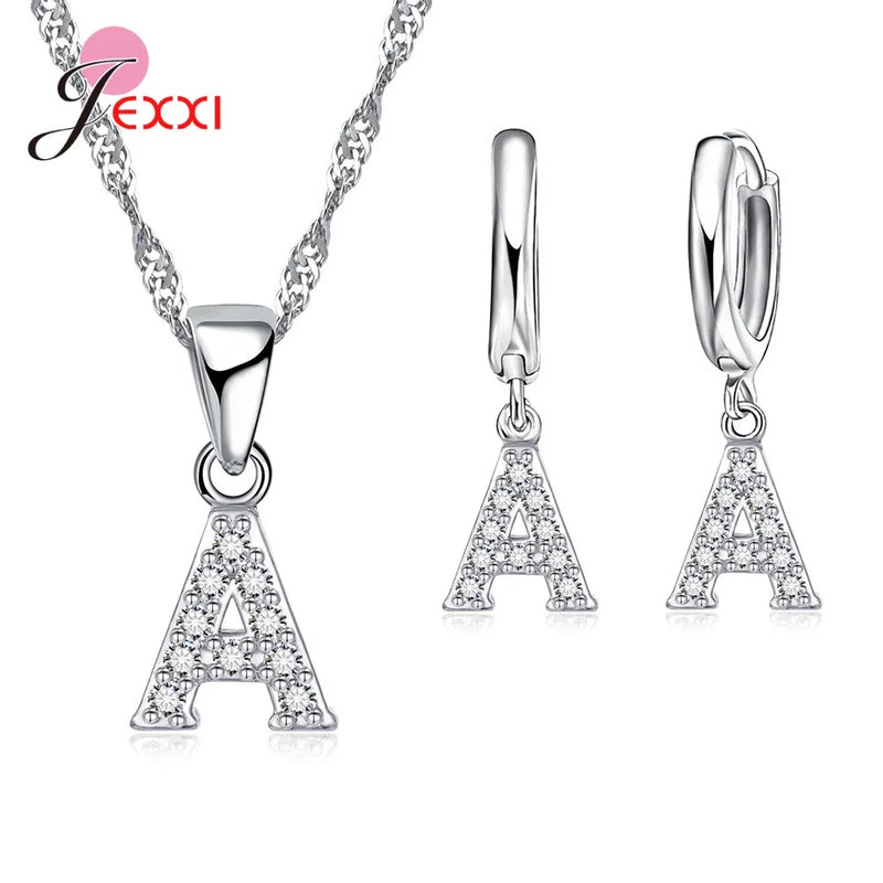 925 Silver CZ Paved 26 Letter Earrings Necklace Set