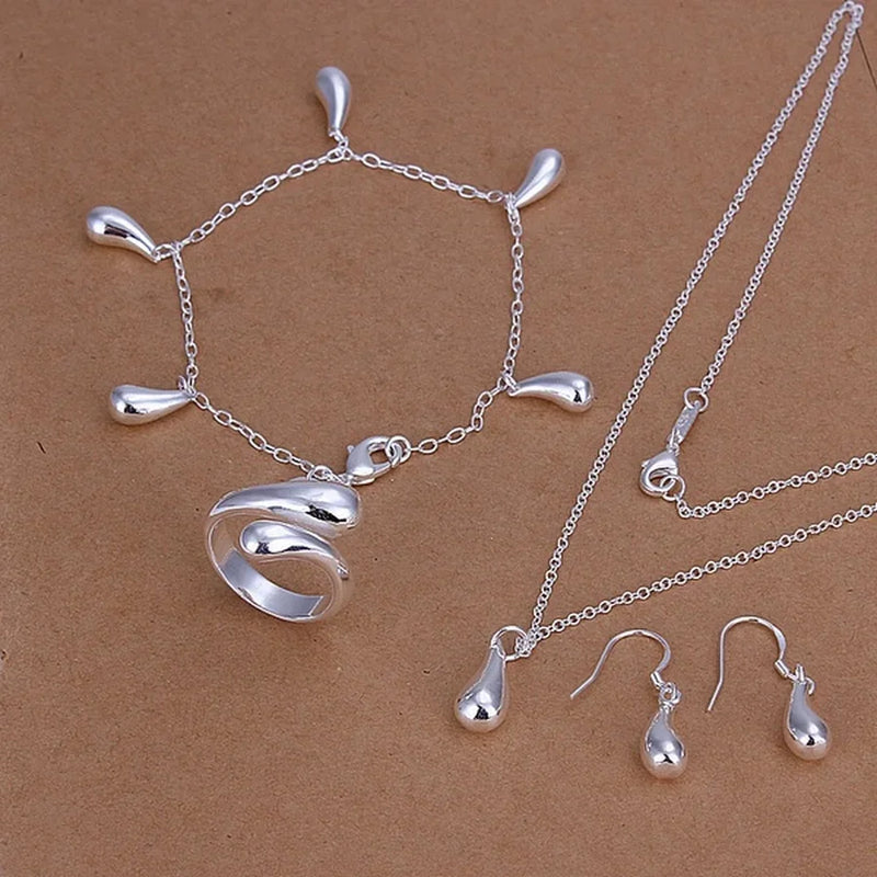 925 Silver Drop Necklace Bracelet Ring Earring Set