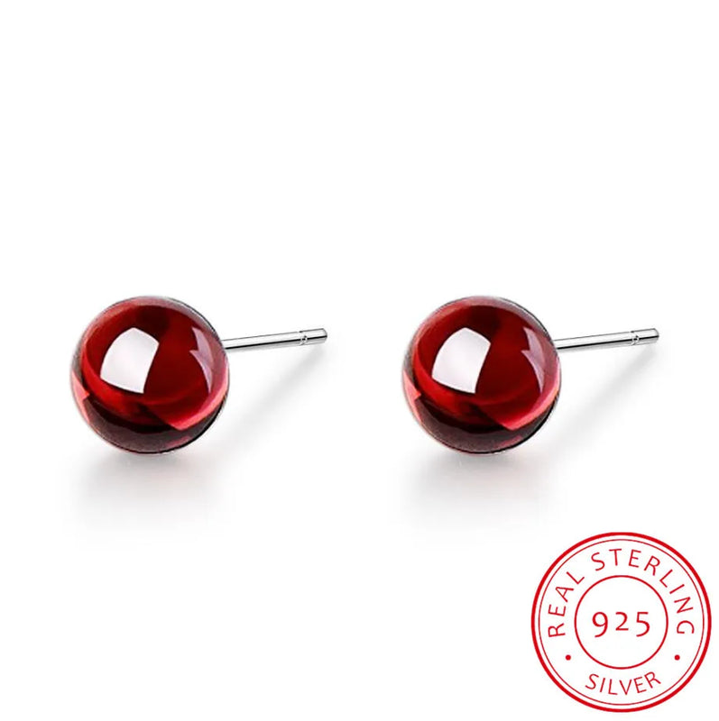 925 Silver Red Garnet Stud Earrings 6mm Ball Bead Brinco Gift
