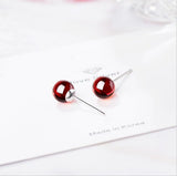 925 Silver Red Garnet Stud Earrings 6mm Ball Bead Brinco Gift