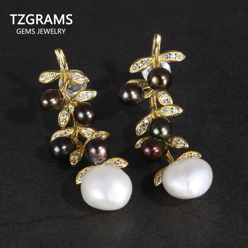 Sterling Silver Flower Dangle Earrings with Baroque Pearl