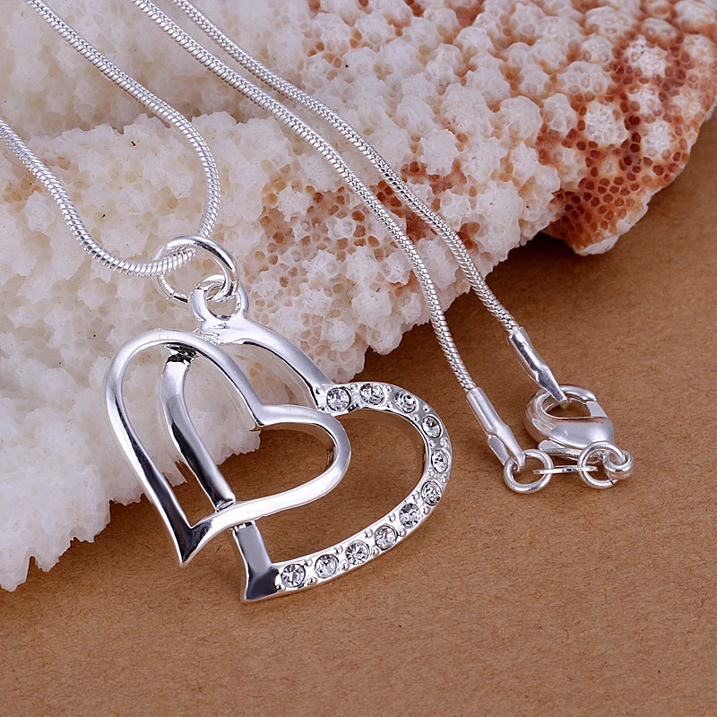 925 Silver Pendant with Double Crystal Heart Chain