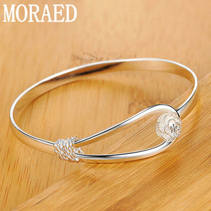 925 Silver Rose Flower Bangle Bracelet Women Wedding Engagement