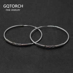 925 Silver Big Circle Earrings Retro Thai Silver 45mm Round Hoop Jewelry