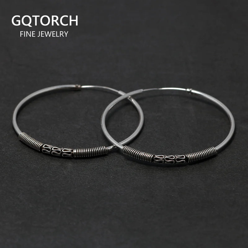 925 Silver Big Circle Earrings Retro Thai Silver 45mm Round Hoop Jewelry