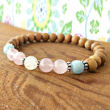 Aquamarin-e Bracelet 8mm Rose Quartz Sandalwood Open Heart Chakra Jewelry
