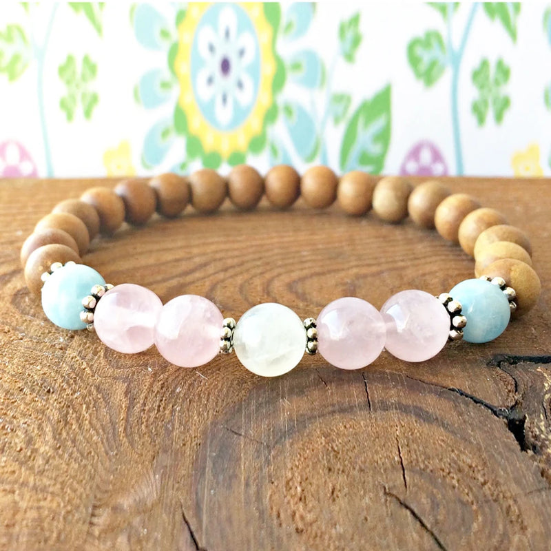 Aquamarin-e Bracelet 8mm Rose Quartz Sandalwood Open Heart Chakra Jewelry