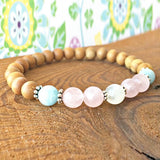 Aquamarin-e Bracelet 8mm Rose Quartz Sandalwood Open Heart Chakra Jewelry