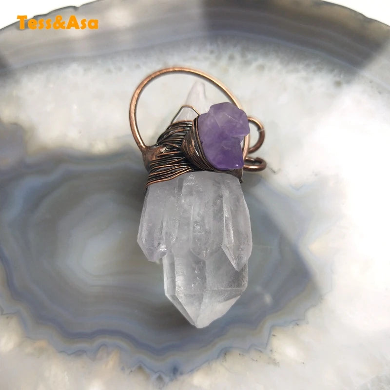 Antique Crystal Amethyst Necklace Wire Wrap Healing Pendant
