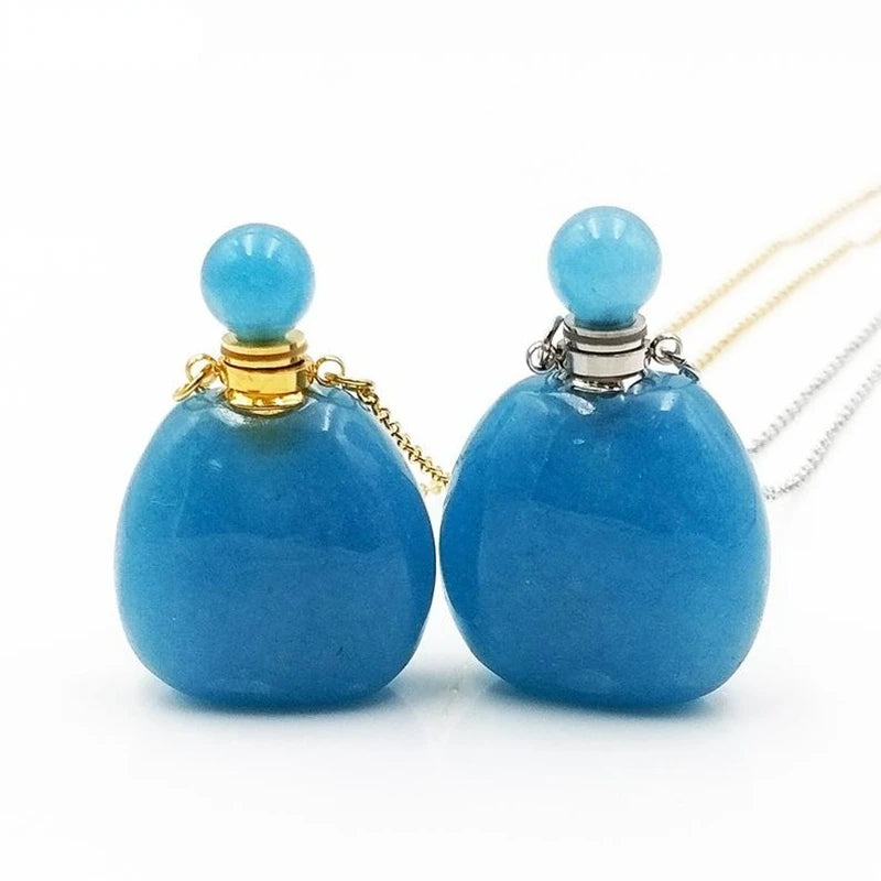 Aquamarines Gemstone Pendant Necklace Silver Plated Essential Oil Vials