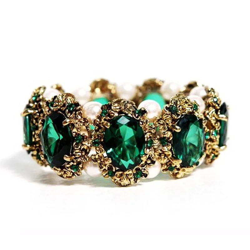 Vintage Green Stone Crystal Bracelet Bangle for Women