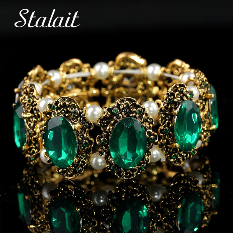 Vintage Green Stone Crystal Bracelet Bangle for Women