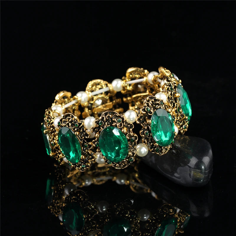 Vintage Green Stone Crystal Bracelet Bangle for Women