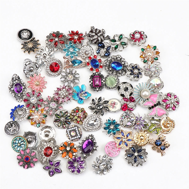 50pcs 18MM Snap Buttons Metal Crystal Charm Mix Style for Jewelry
