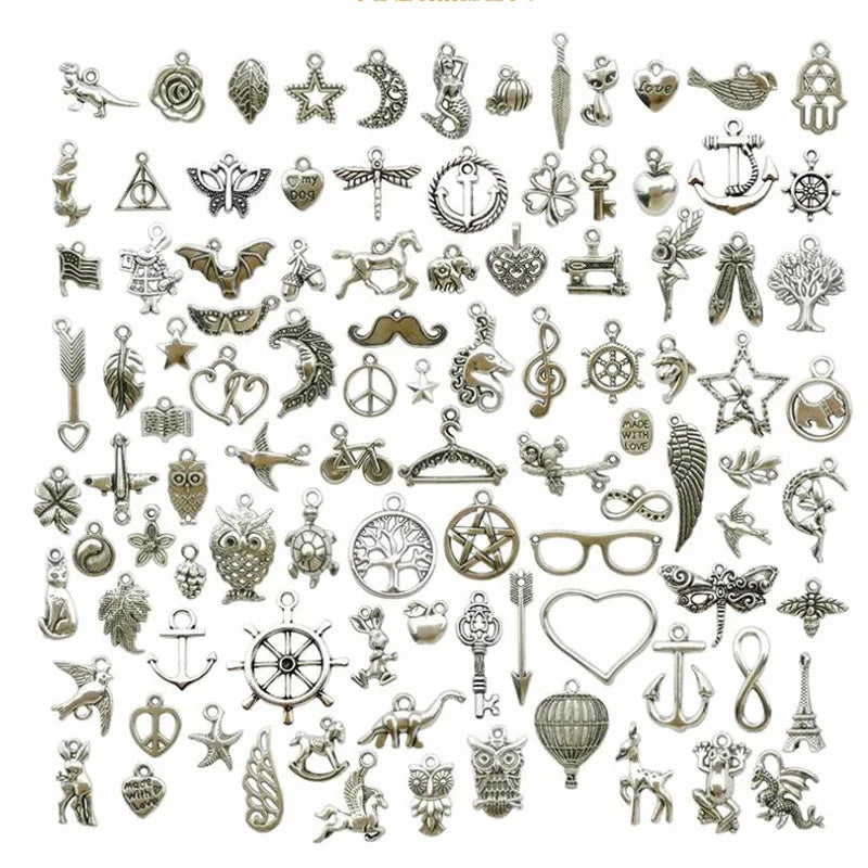 Mixed Tibetan Silver Metal Charms Pendants DIY for Necklace Bracelet 100 PCS